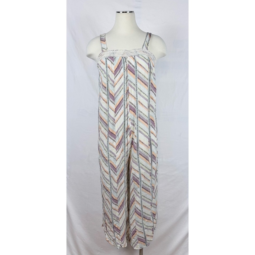 Pastel Wide Leg Capri Jumpsuit XL Crochet Trim Boho Festival Artsy